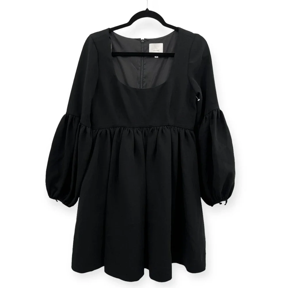 cinq á‎ sept Dorina Puff Sleeve Crepe Mini Dress with Pockets Black NWOT Size 4 - Picture 3 of 16